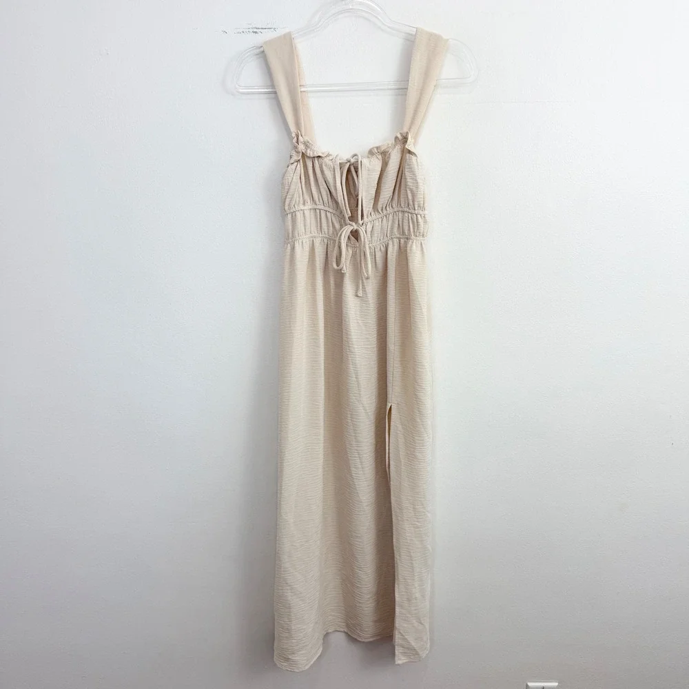 The Frolic Cream Ruched Tie Front Maxi Dress US 2 Side Slit - Picture 3 of 8